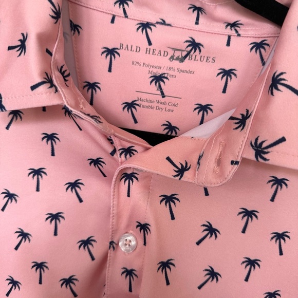 Bald Head Blues Golf Polo Shirt Men’s Large Pink Blue palm Tree Preppy Wicking - Picture 1 of 7